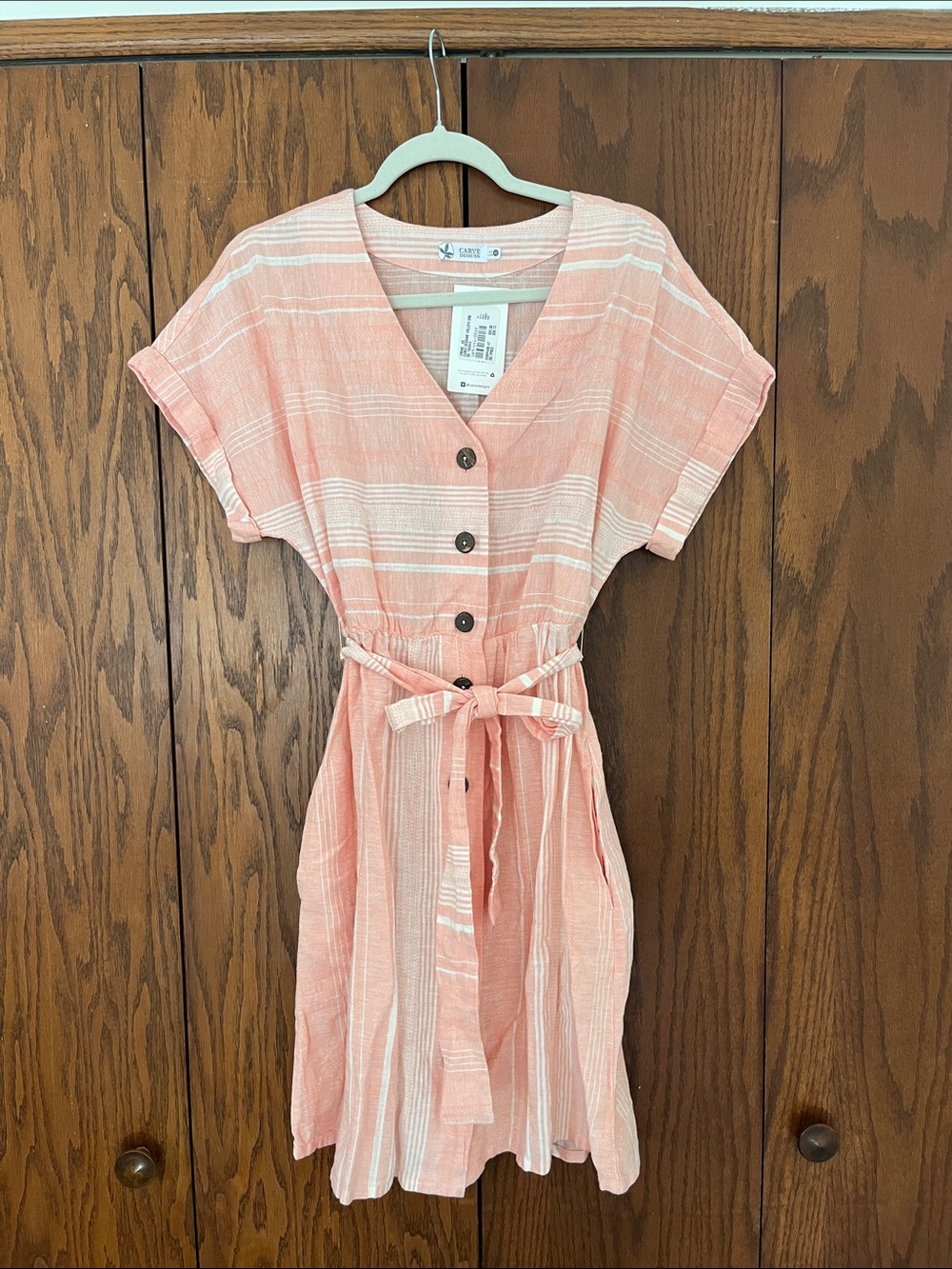 Carve Designs Pink Striped Button-Front Tie-Waist Dress